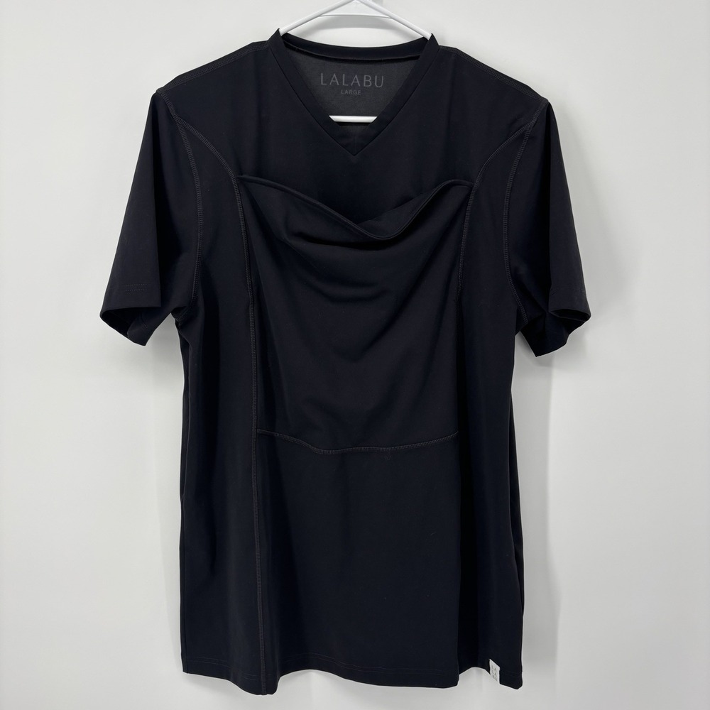 Lalabu Dad Shirt Men's Large Black V-Neck Baby Pouch Short Sleeve